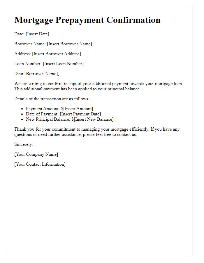 Letter template of mortgage prepayment confirmation for additional payment