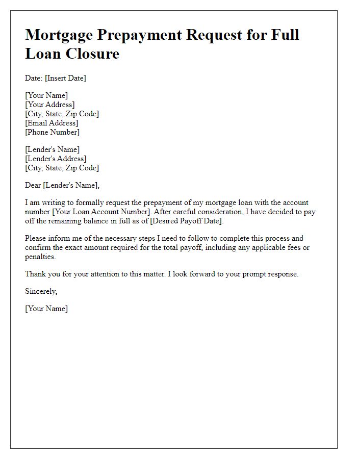 Letter template of mortgage prepayment request for full loan closure