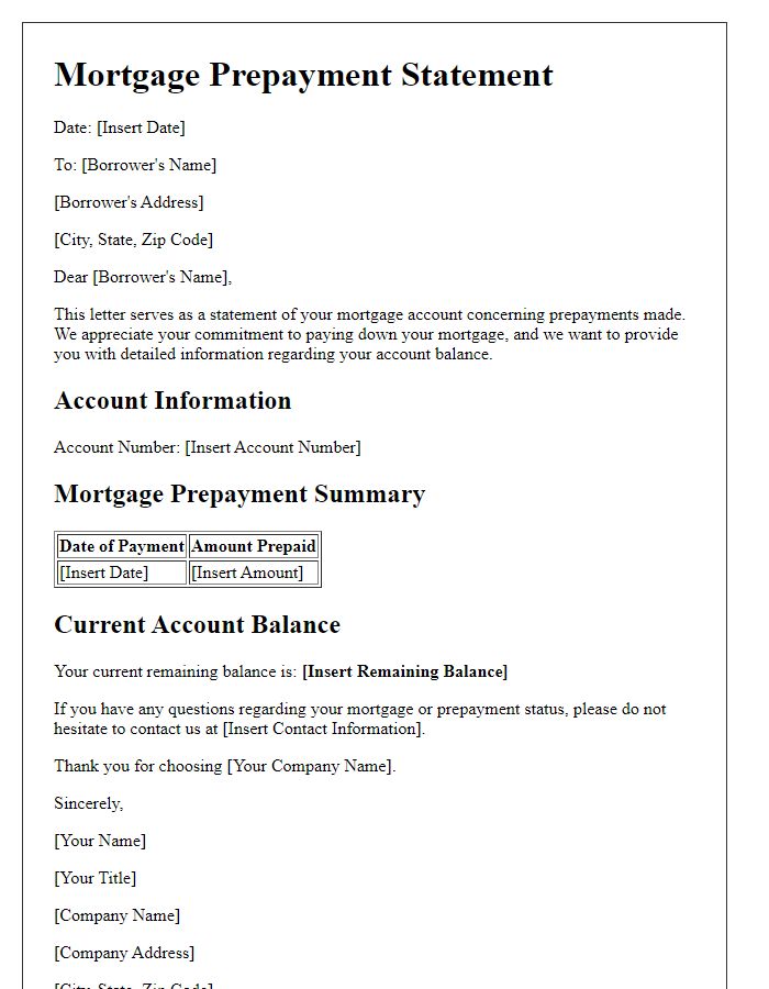 Letter template of mortgage prepayment statement for account balance