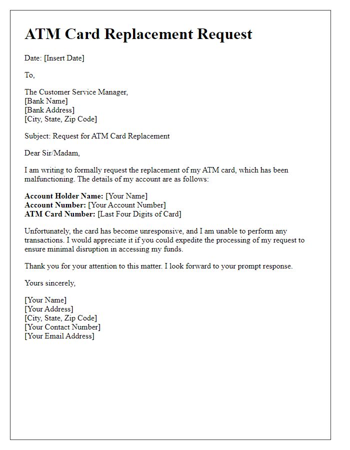 Letter template of ATM card replacement for card malfunction