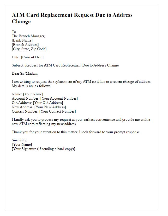 Letter template of ATM card replacement for change of address