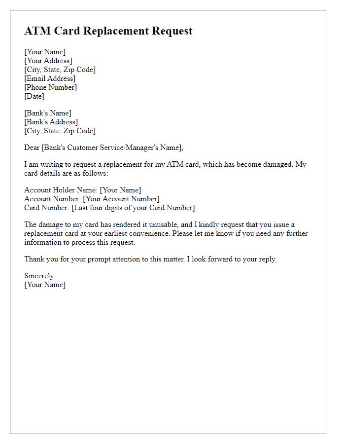 Letter template of ATM card replacement due to damage