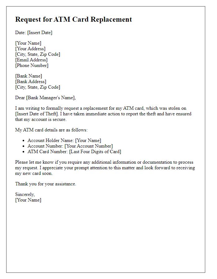 Letter template of ATM card replacement due to theft