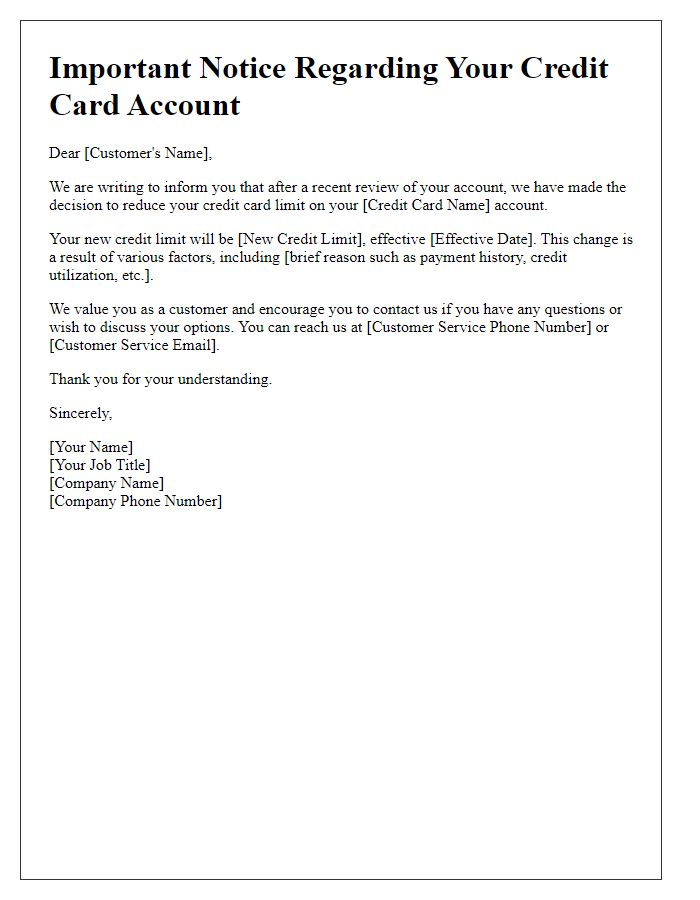 Letter template of credit card limit reduction announcement