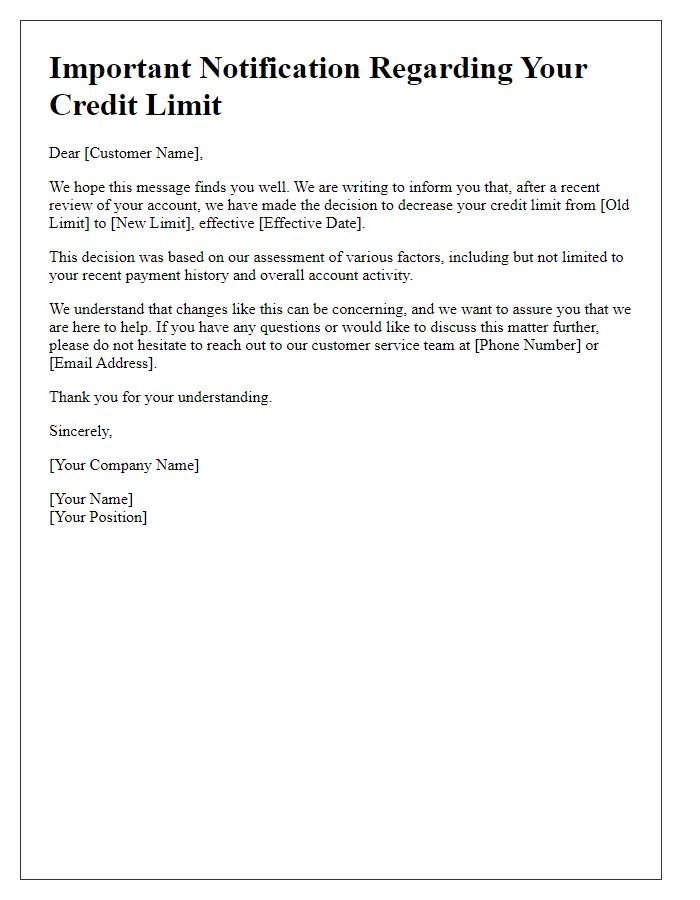 Letter template of informing customer about credit limit decrease