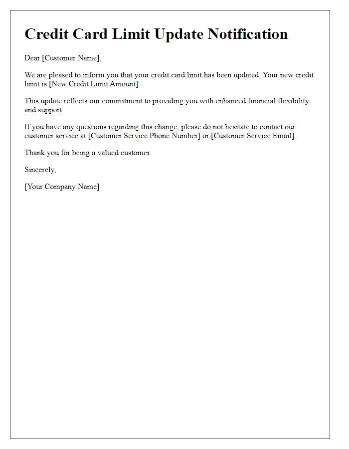 Letter template of updated credit card limit notification