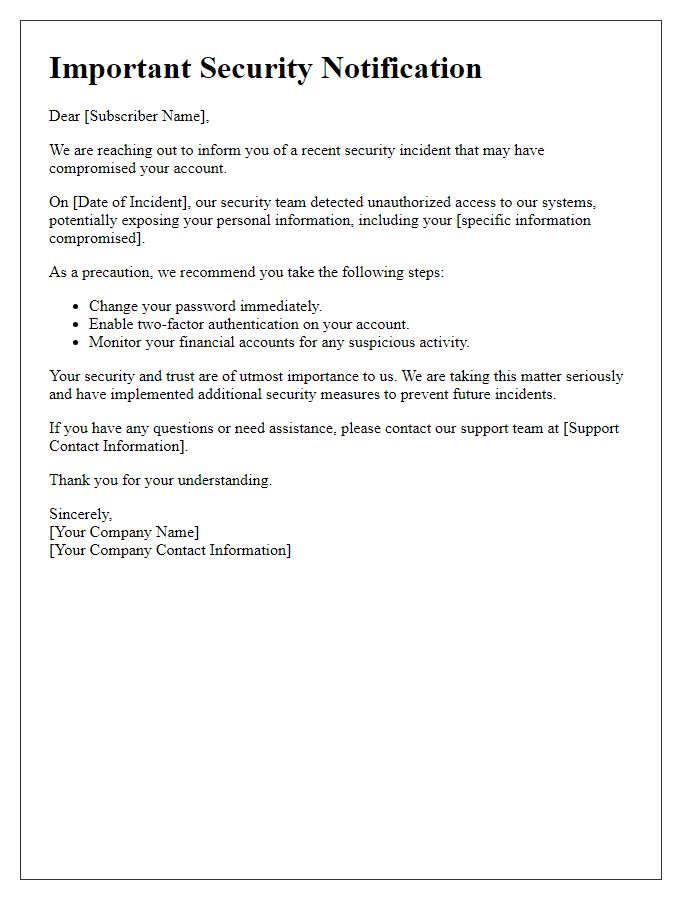 Letter template of account security breach advisory for service subscribers