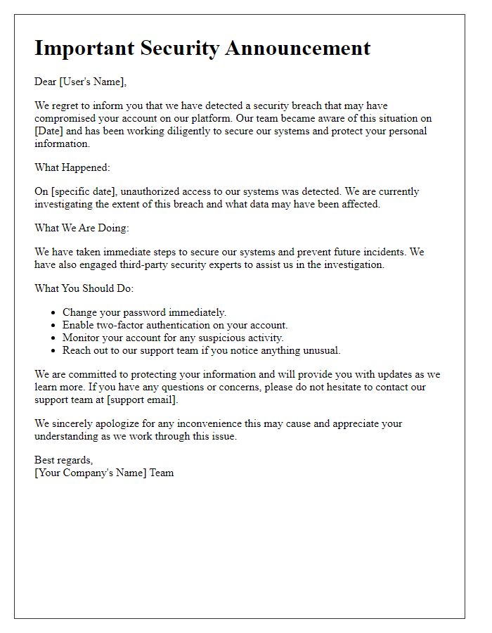 Letter template of account security breach announcement for platform users