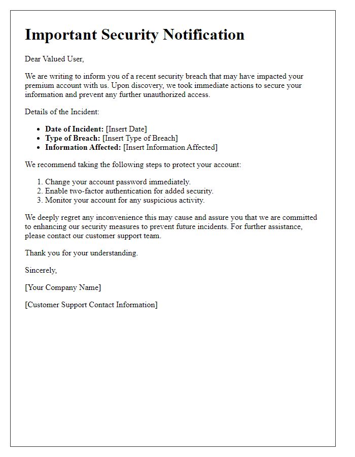 Letter template of account security breach communication for premium users