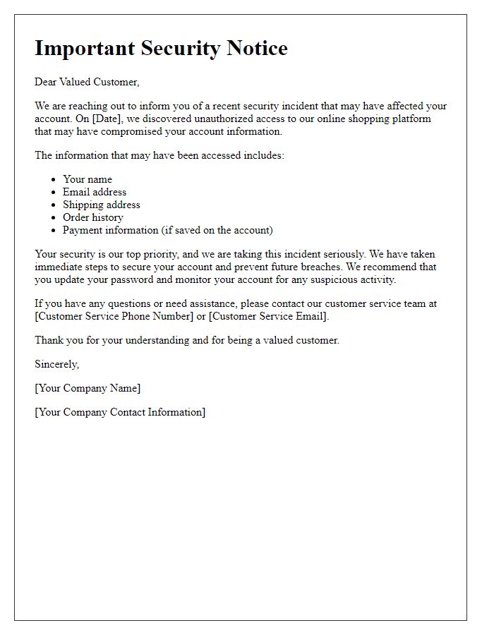 Letter template of account security breach information for online shoppers