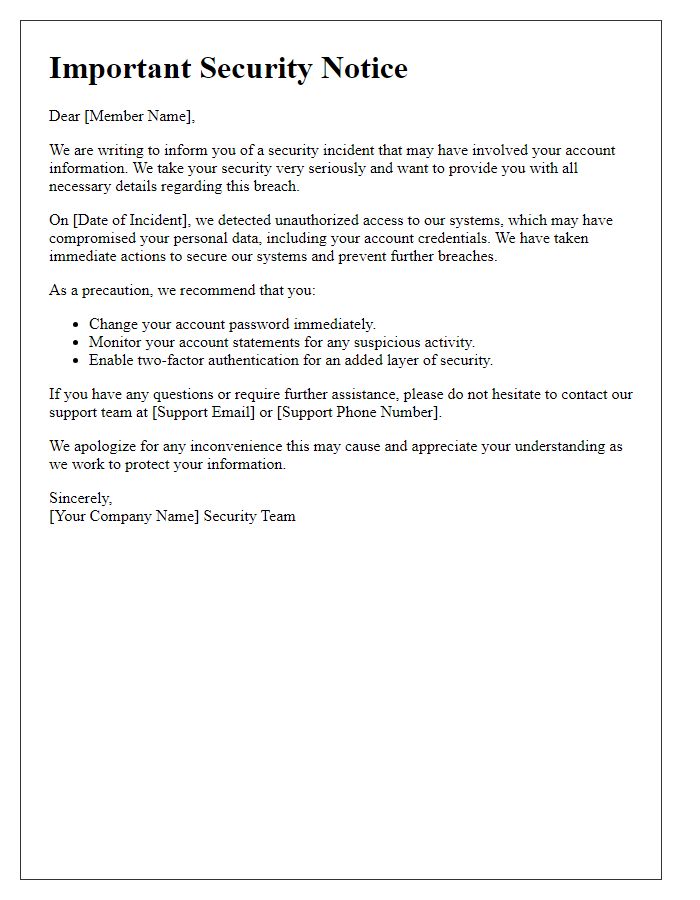 Letter template of account security breach notice for members