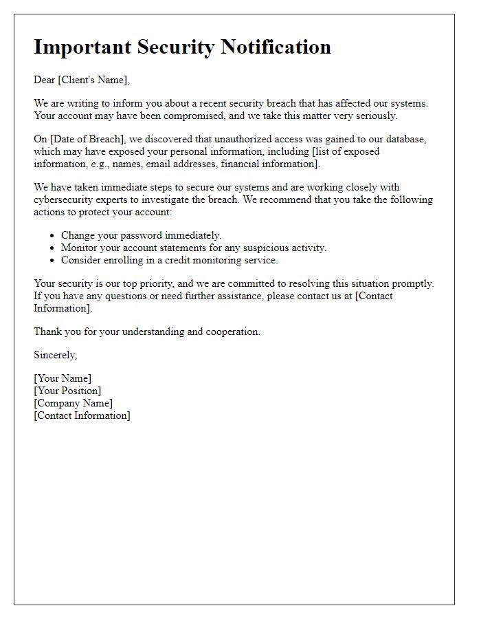 Letter template of account security breach notification for small business clients