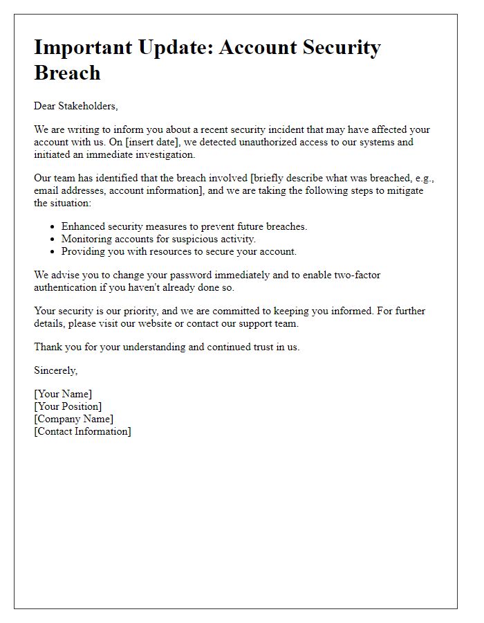 Letter template of account security breach update for stakeholders