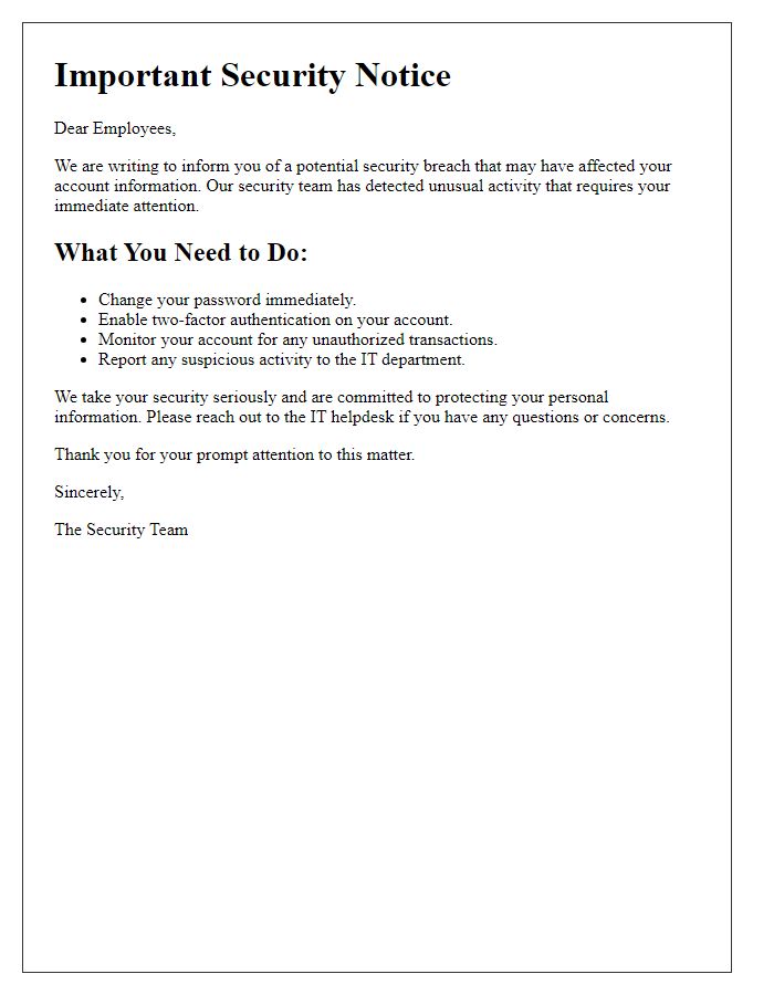 Letter template of account security breach warning for employees