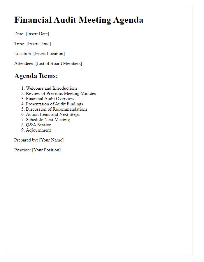 Letter template of financial audit meeting agenda for board members