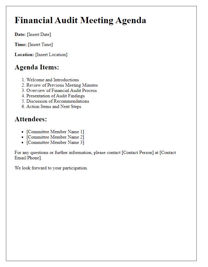 Letter template of financial audit meeting agenda for committee review