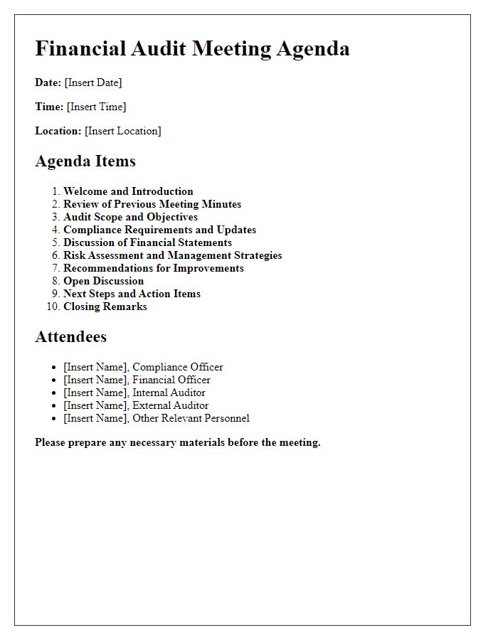 Letter template of financial audit meeting agenda for compliance officers