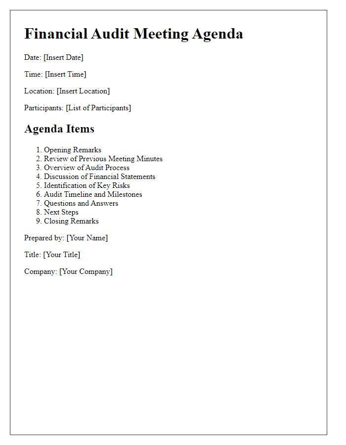 Letter template of financial audit meeting agenda for external auditors