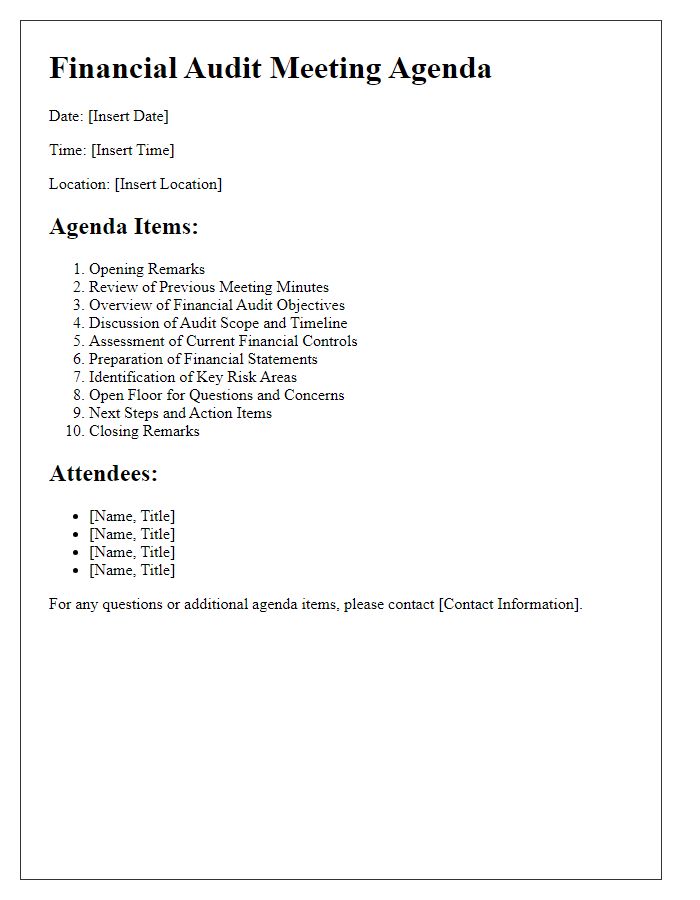 Letter template of financial audit meeting agenda for finance department