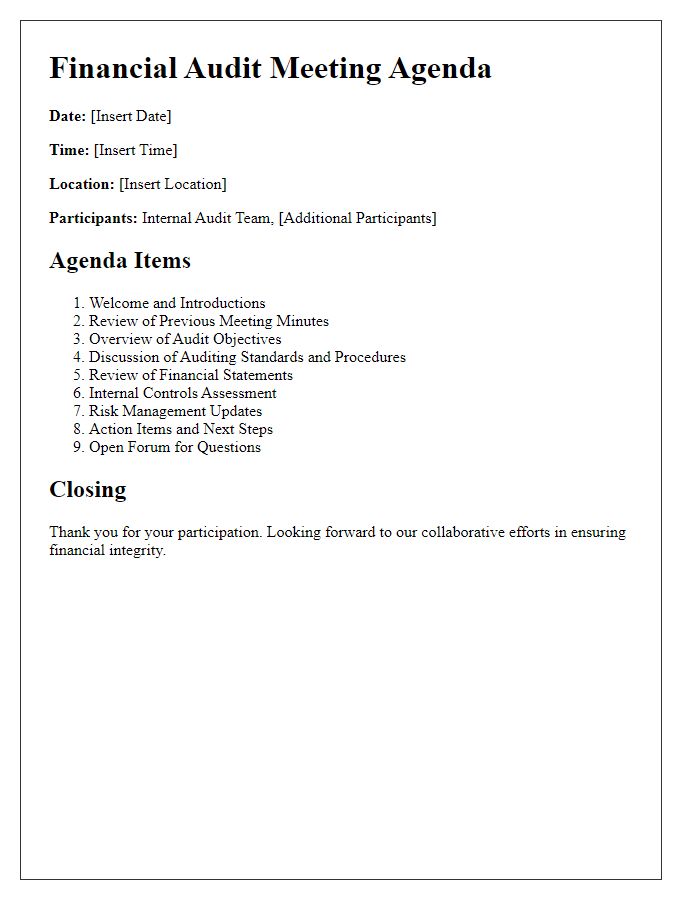 Letter template of financial audit meeting agenda for internal audit team