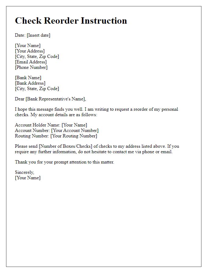 Letter template of personal checks reorder instruction