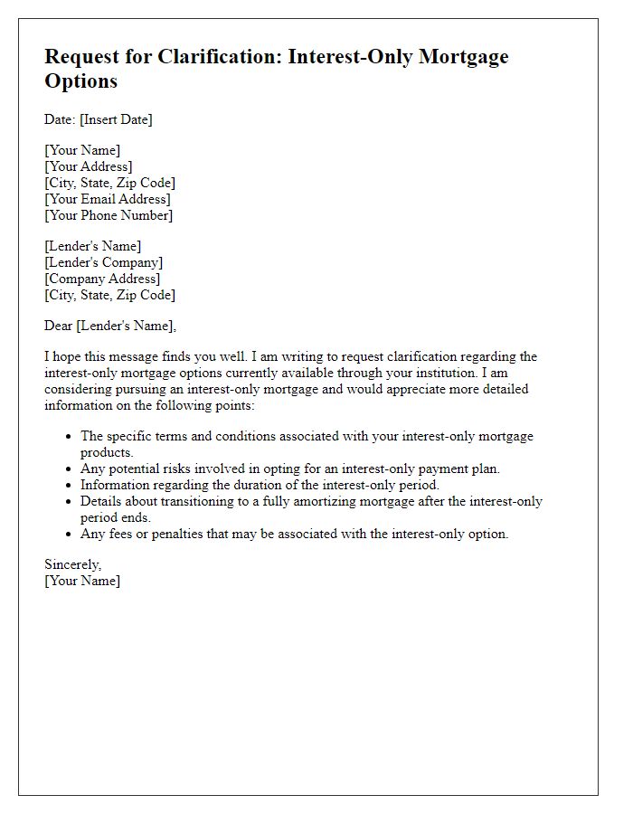 Letter template of clarification request for interest-only mortgage options