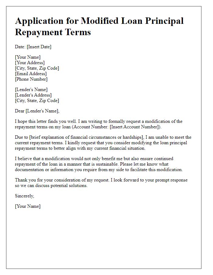 Letter template of application for modified loan principal repayment terms