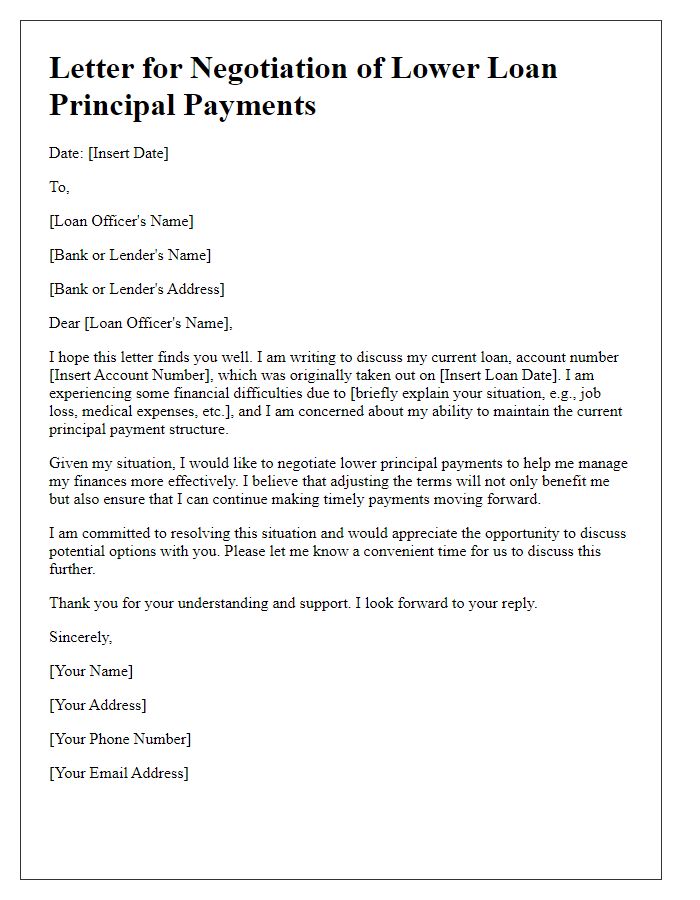 Letter template of negotiation for lower loan principal payments