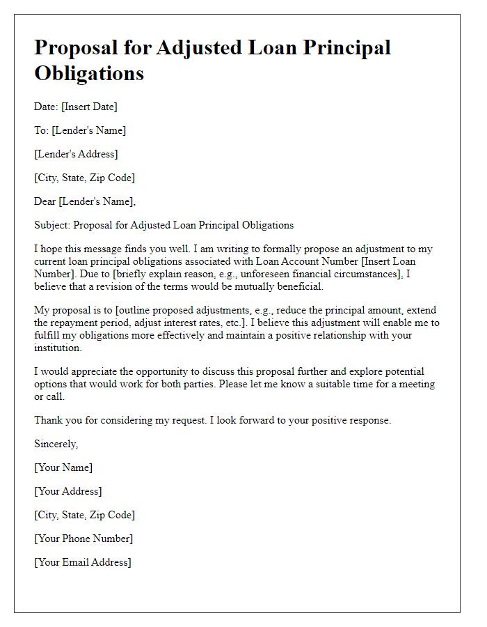 Letter template of proposal for adjusted loan principal obligations