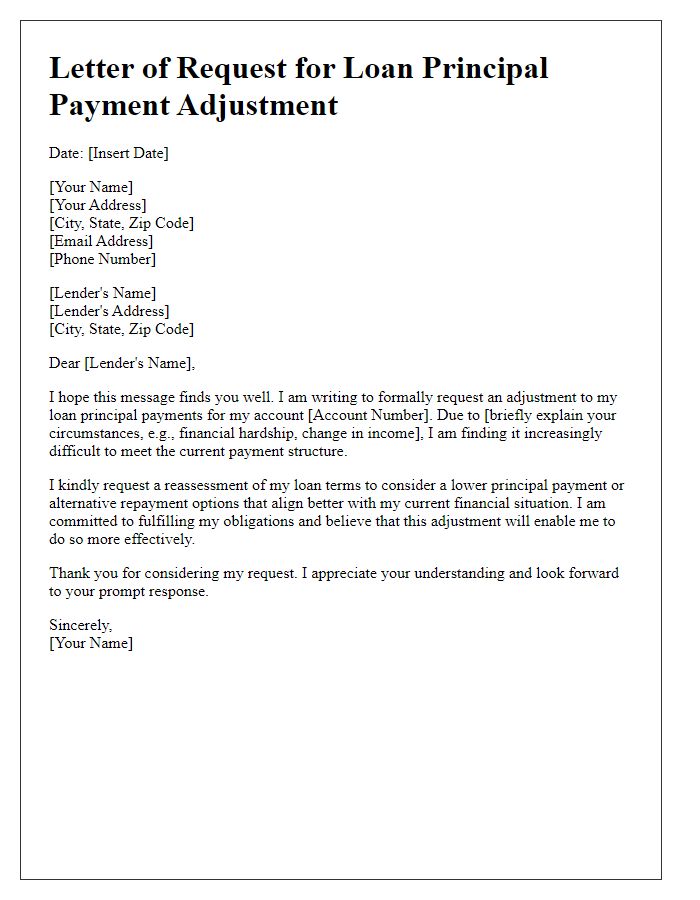 Letter template of request for loan principal payment adjustment