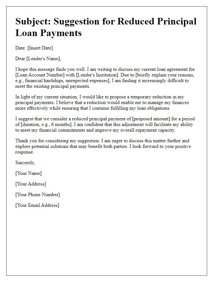 Letter template of suggestion for reduced principal loan payments