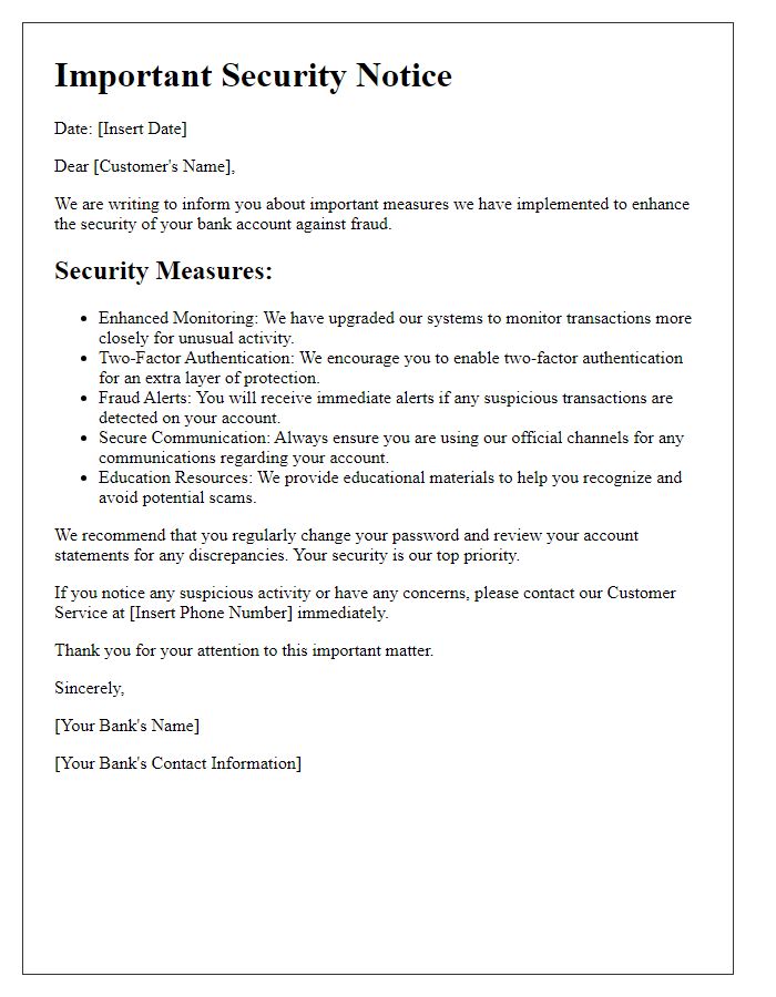 Letter template of Bank Fraud Account Security Measures