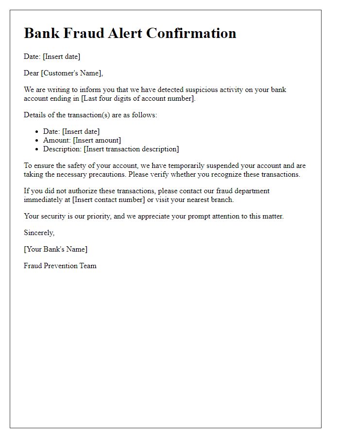 Letter template of Bank Fraud Alert Confirmation