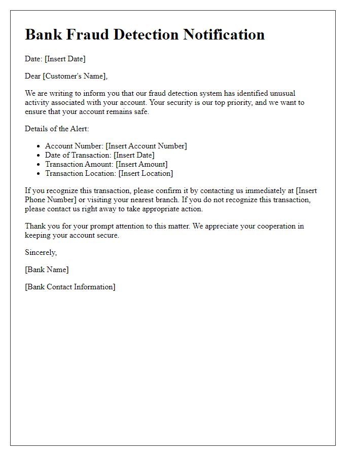 Letter template of Bank Fraud Detection Notification