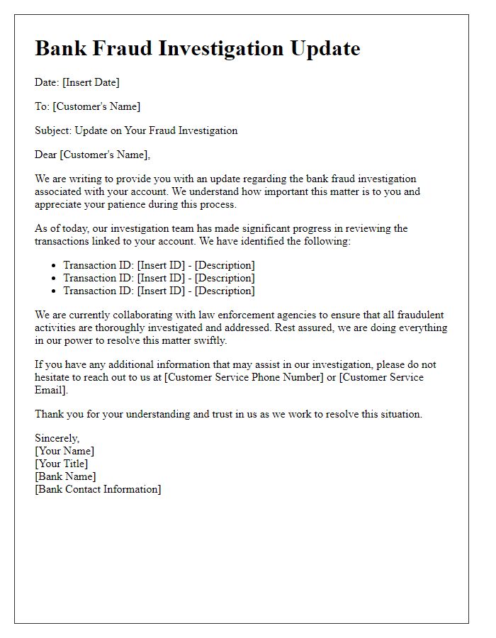 Letter template of Bank Fraud Investigation Update