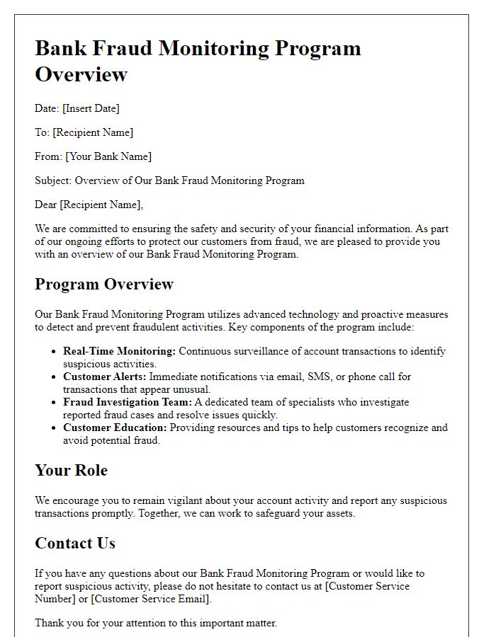 Letter template of Bank Fraud Monitoring Program Overview