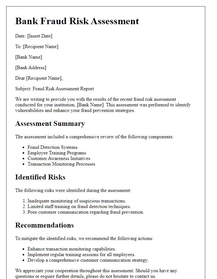 Letter template of Bank Fraud Risk Assessment