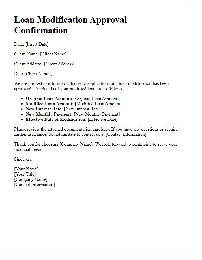 Letter template of loan modification approval confirmation for client.