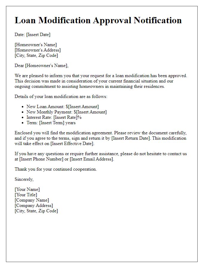 Letter template of loan modification approval for homeowner assistance.