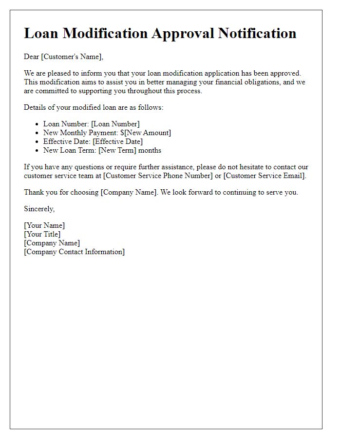 Letter template of loan modification approval message for customer service.