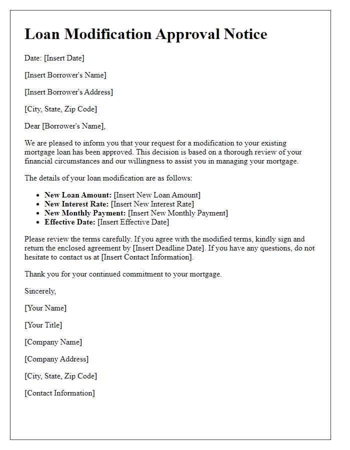 Letter template of loan modification approval notice for mortgage adjustment.