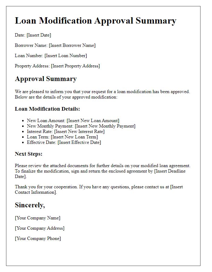 Letter template of loan modification approval summary for borrowers.