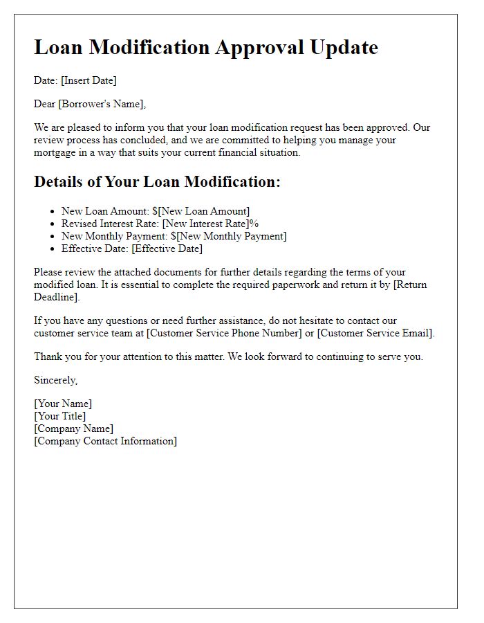 Letter template of loan modification approval update for loan holders.