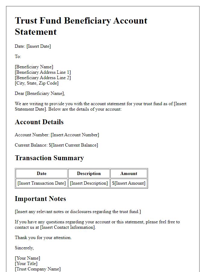 Letter template of trust fund beneficiary account statement