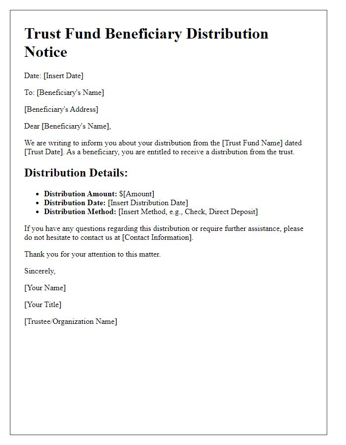 Letter template of trust fund beneficiary distribution information