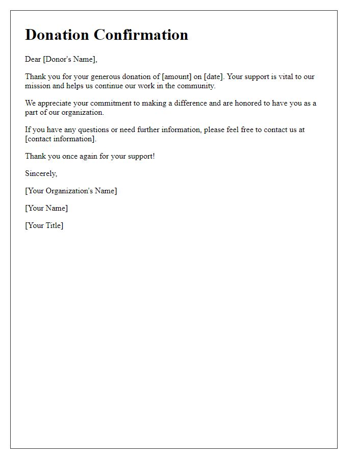 Letter template of donation confirmation message.