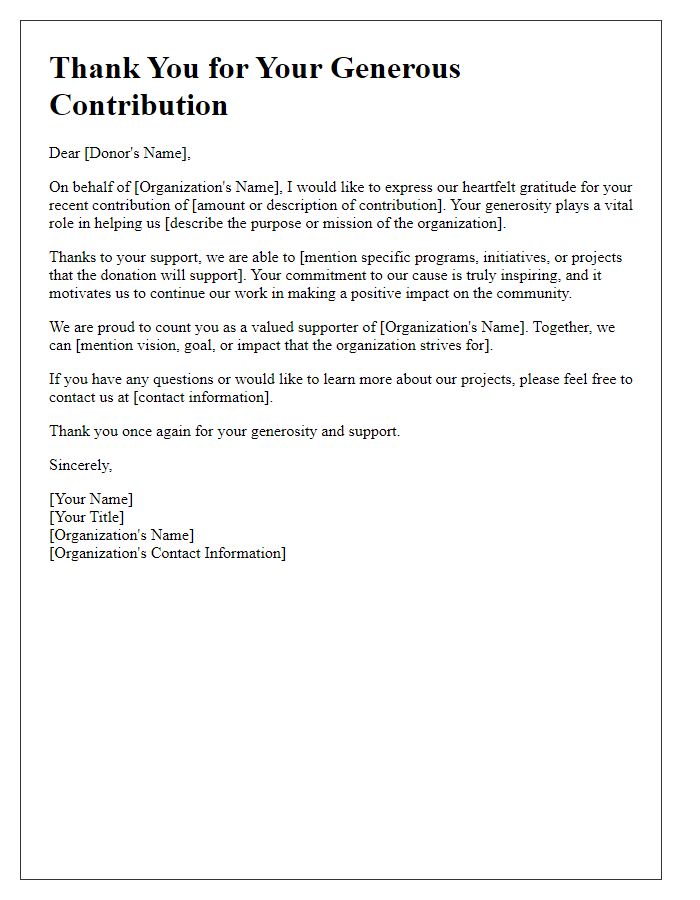 Letter template of philanthropic contribution recognition.