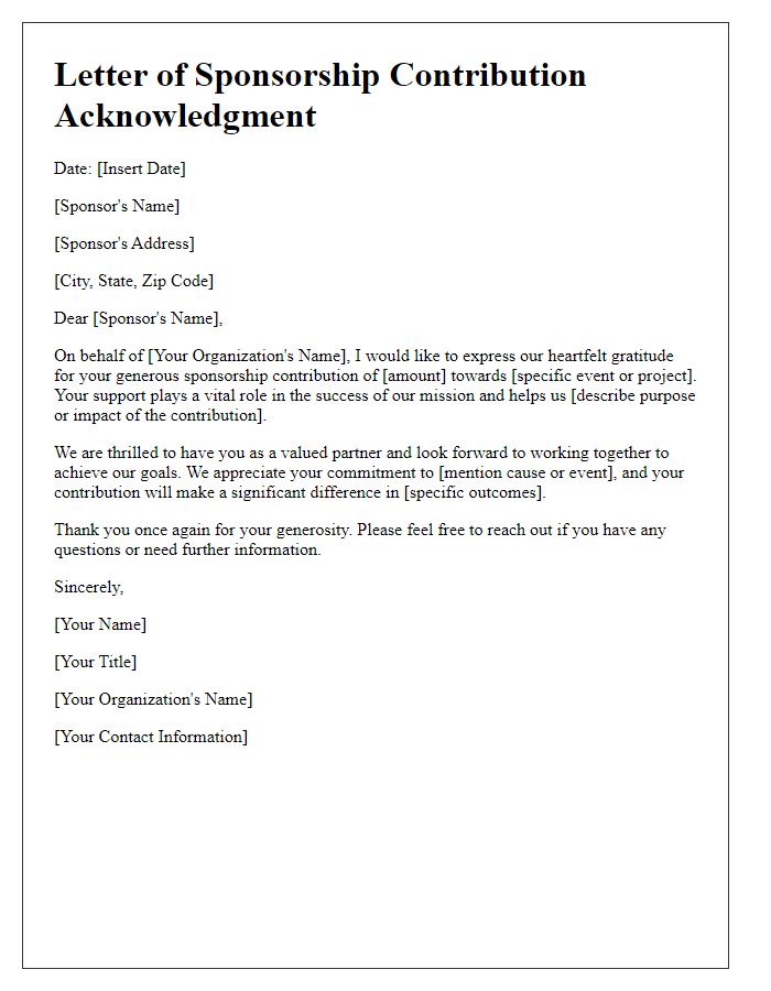 Letter template of sponsorship contribution acknowledgment.