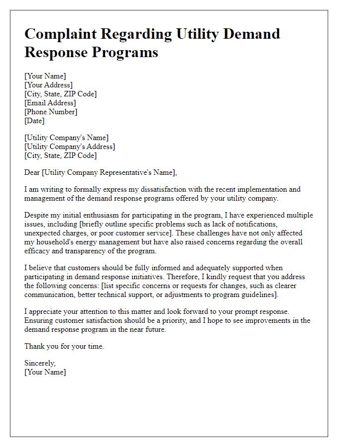 Letter template of complaint regarding utility demand response programs