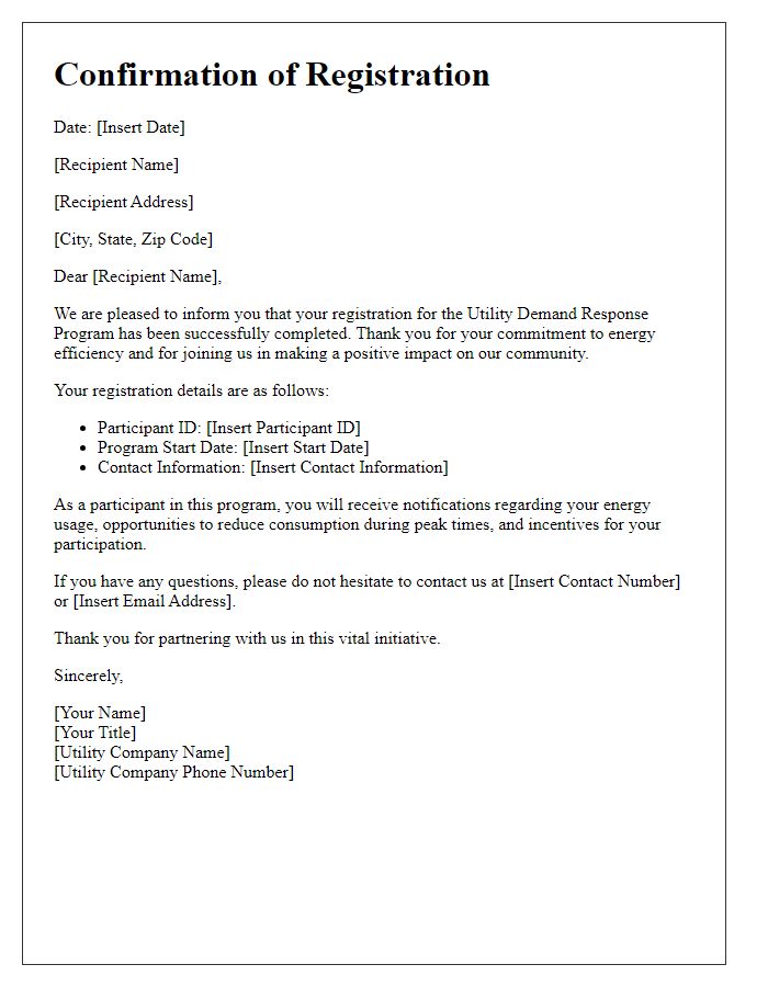 Letter template of confirmation for utility demand response program registration